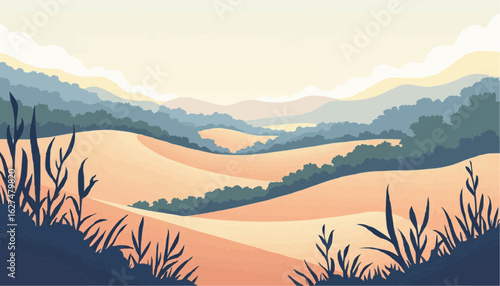 Abstract Landscape with Rolling Hills and Mountain Ranges in Soft Pastel Colors