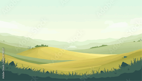 Scenic Green Rolling Hills Landscape with Distant Mountains and Soft Sky