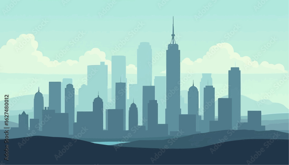 Fototapeta premium Stylized Blue City Skyline with Skyscrapers and Clouds in Modern Digital Illustration