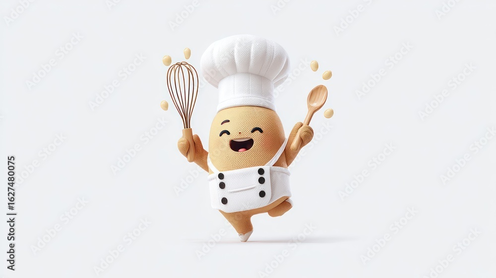 Cute egg chef, whisk, spoon, joyful Cute egg chef, whisk, spoon, joyful