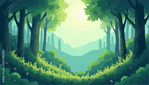Serene Green Forest Landscape with Sunlight Filtering Through Trees