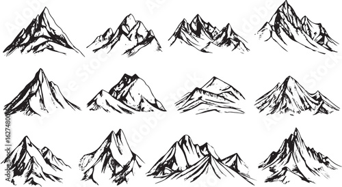 Collection of twelve distinct mountain peaks hand drawn in black ink on white background