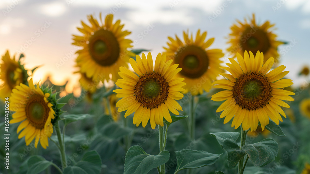 Obraz premium Vibrant yellow sunflowers blooming in a field at sunset with soft sky
