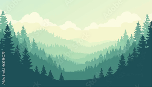Serene Green Forest Landscape with Layered Trees and Soft Clouds in Calm Nature Scene