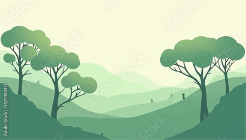 Minimalist Green Landscape Illustration with Trees and Hills in Soft Colors for Nature and Outdoor Design