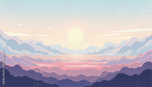 Sunrise Over Pink Purple Mountain Range with Soft Clouds and Warm Light