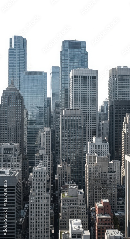 Fototapeta Dense urban skyline of modern skyscrapers under a bright sky