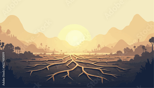 Sunrise Over Mountain Landscape with Dry Cracked Soil and Sparse Vegetation