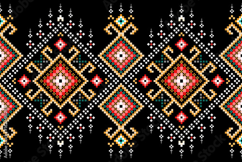 Vibrant Pixel Ethnic Border. A digital cross-stitch design with colorful geometric motifs. Ideal for apparel trim, fabric borders and web decor.