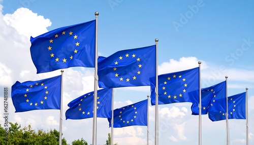 European Union flags waving in the wind