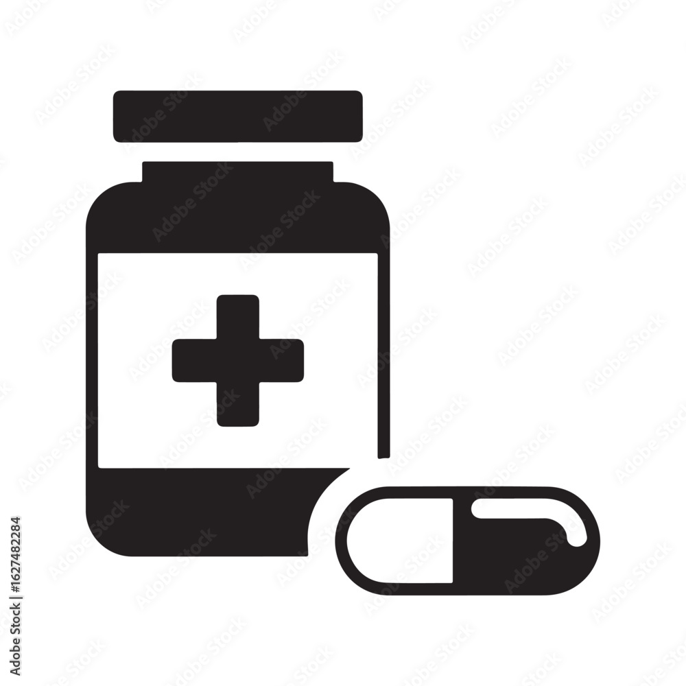 Pill bottle and capsule glyph icon, medical container with cross symbol for pharmacy and healthcare.
Pill bottle and capsule glyph icon, medical container with cross symbol for pharmacy and healthcare.