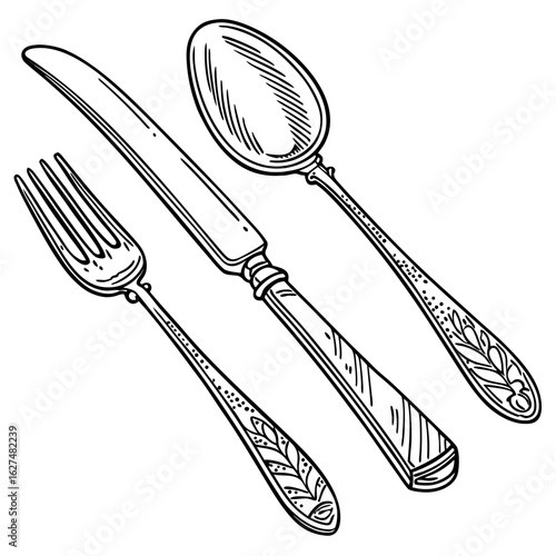 Hand-Drawn Black and White Utensils Illustration Featuring Spoon, Fork, and Knife