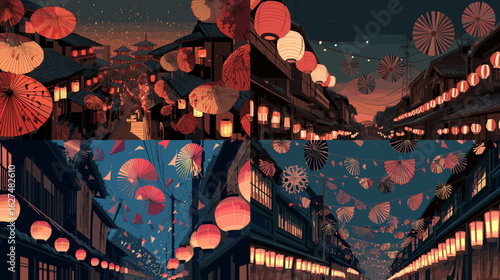 Beautiful illustrations of Japanese streets decorated with traditional lanterns and umbrellas during a nighttime festival atmosphere.

