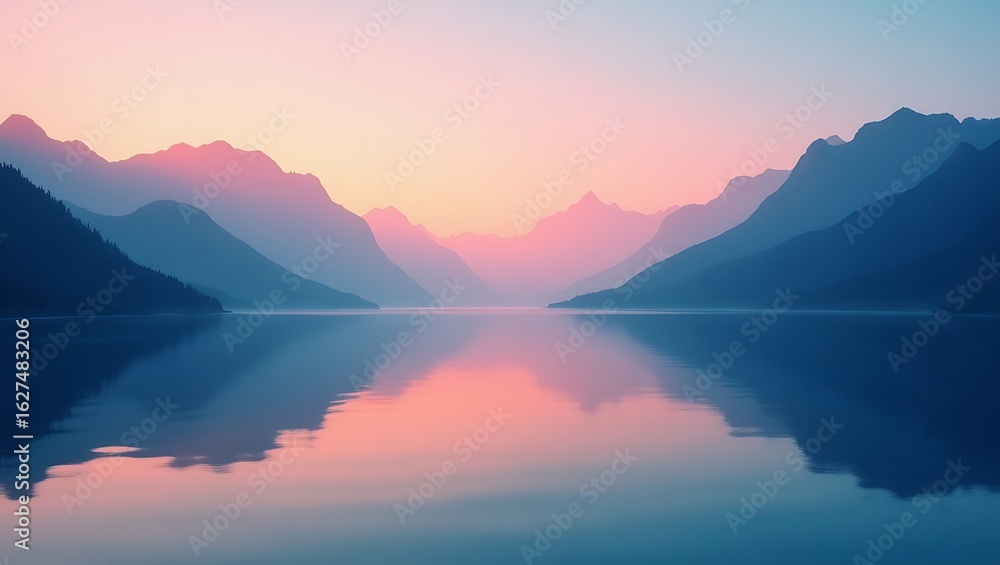 Fototapeta premium Dreamy Sunset Mountain Reflection Panorama with Pastel Hues
