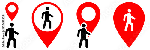 Walk place location with pin map vector for pedestrian navigation and walking routes. Perfect for illustrating parks, urban exploration, and travel guides.