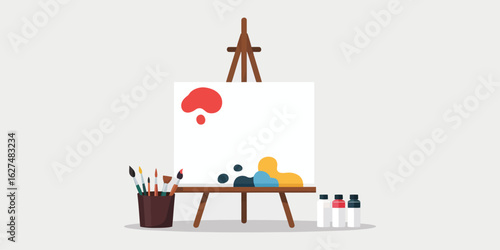 Artist Easel with Colorful Paint Strokes, Vector Illustration Featuring Brushes and Creative Art Supplies for Painting, Design, and Artistic Projects