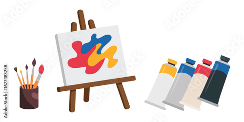 Artist Easel with Vibrant Paint Strokes and Brushes, Ideal for Art Studio, Painting Workshops, and Design Concepts
