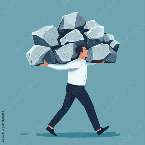 Overwhelmed businessman carrying heavy burden stone, a metaphor for stress and workload