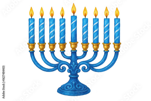 Illuminated Hanukkah Menorah with Blue Candles and Golden Holders, Festive Celebration Symbol