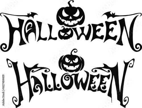 Spooky Halloween typography design with jack-o'-lanterns and bats silhouette