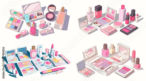 Pastel-toned makeup product illustrations including lipsticks, palettes, blushes, and nail polish in clean isometric cartoon style.

