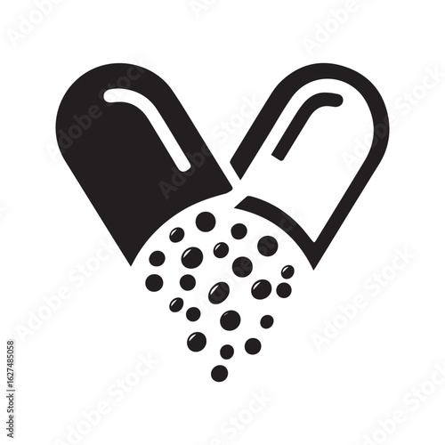Abstract open capsule pill icon in a heart shape, medical healthcare logo design with granules.
