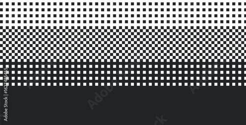 Pixel halftone gradient background. 8 bit pattern bitmap dither effect. Black and white graphic gradient in retro 90s style. Monochrome gradation. Vector retro mosaic illustration.