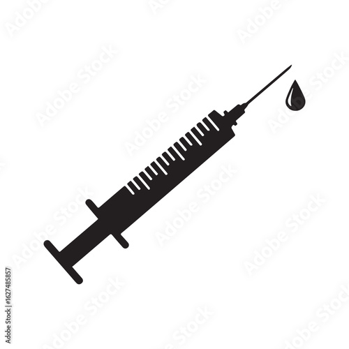 Syringe icon with needle and drop, medical injection symbol for vaccination and healthcare.
