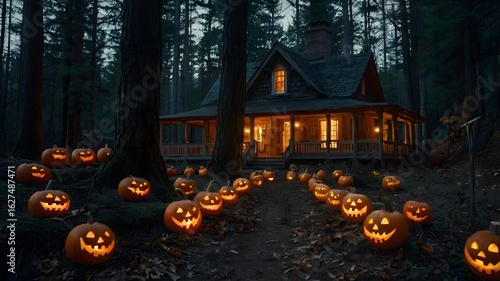 Wallpaper Mural Haunted Cabin Surrounded by Glowing Halloween Pumpkins Torontodigital.ca
