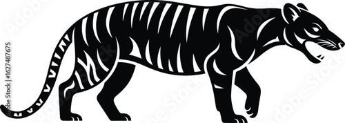 Striking black silhouette of a Tasmanian tiger, showcasing its distinctive stripes and powerful stance, ideal for wildlife illustrations, extinct animal designs, or historical depictions.