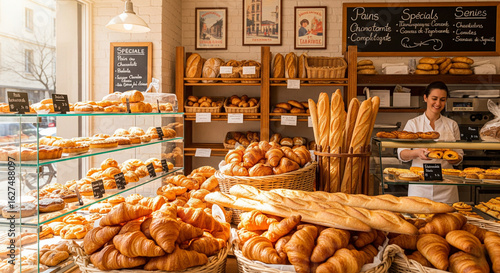 French bakery with fresh pastries and baker
