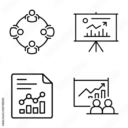 A set of business icons, Round Table, data visualization, analytics, with a black outline on a transparent background