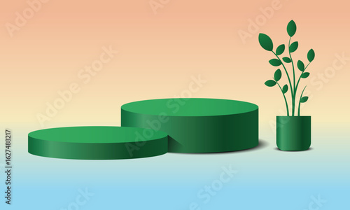 Two green cylindrical platforms stand beside a potted plant against a gradient peach-to-blue backdrop, creating a serene, minimalist, and softly lit product display scene.
