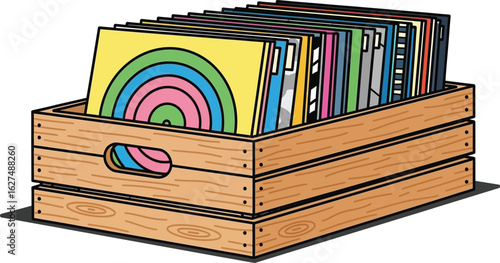 Vintage wooden crate overflowing with colorful vinyl records ready for music lovers