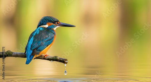 A kingfisher perched on a branch with a water droplet
