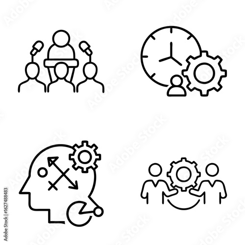 Set of icons representing team management, strategy, and planning, , black outline, transparent background  