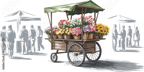A charming flower cart brimming with colorful blooms like roses, tulips, and sunflowers stands ready to brighten any market day, offering a delightful floral display for shoppers.
