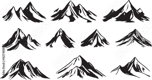 Collection of hand drawn black and white mountain peaks in a sketchy artistic style