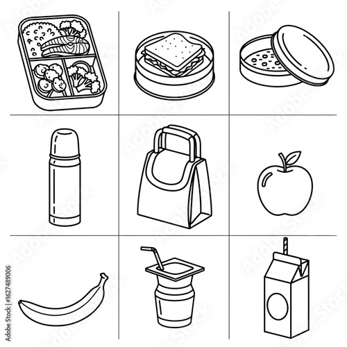 Black and white line art illustration of a packed lunch and snacks