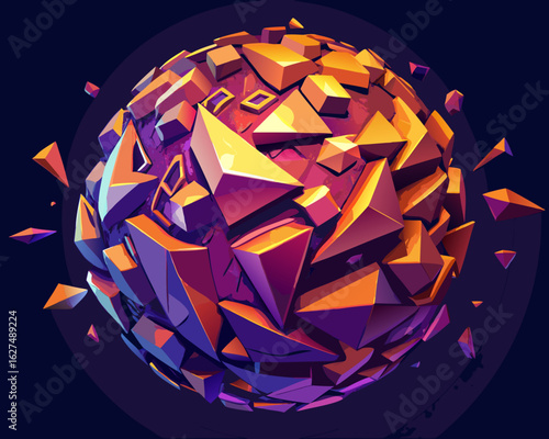 Abstract geometric sphere with shattered fragments in vibrant purple and orange hues