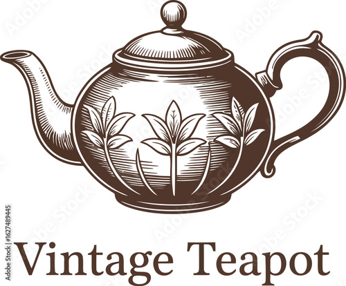 Engraved vintage teapot illustration showcases a classic design with botanical details, perfect for tea lovers and adding a touch of elegance to any project or design.