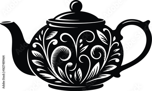 Elegant black teapot vector illustration featuring intricate floral designs, perfect for tea lovers and graphic design projects, showcasing classic beverage culture.