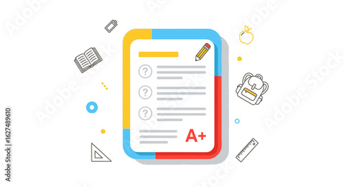 Vector Illustration of Excellent Grade Test Paper with School Supplies
