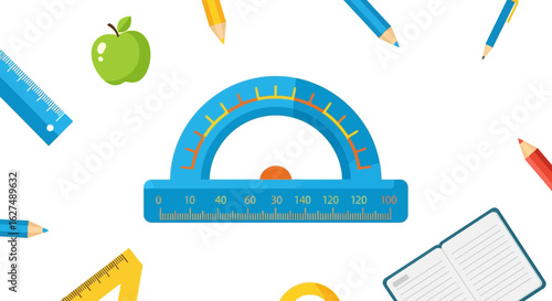 Colorful School Protractor with Stationery and Apple Vector Illustration