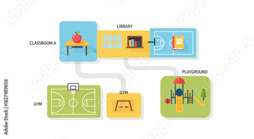 Colorful School Map with Classrooms, Gym, Library, and Playground Vector
