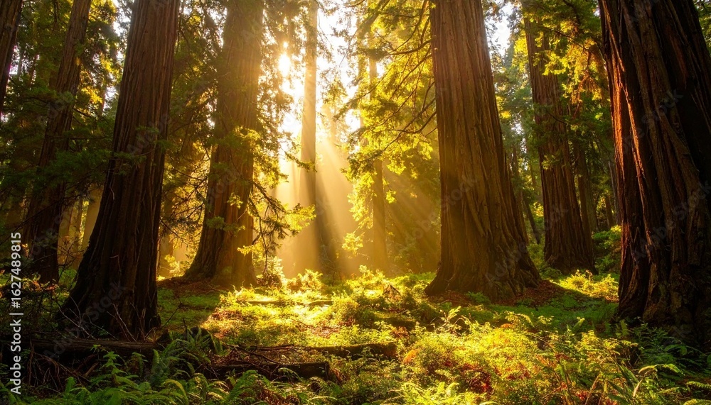 Fototapeta premium Sunlight streams through tall redwood trees, illuminating the forest floor and creating a serene atmosphere.