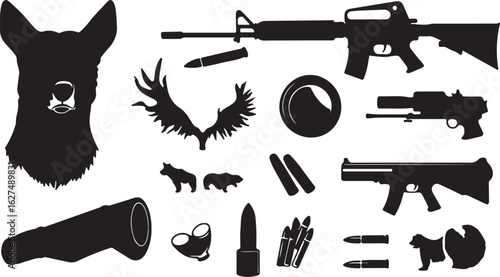 Collection of silhouetted objects including a dog head weapons and wildlife elements