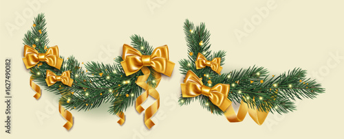 Christmas garland compositions with yellow silk bows decorating pine tree branches - corner, horizontal swag and ornamental arrangements with golden led lights for holiday decoration designs.