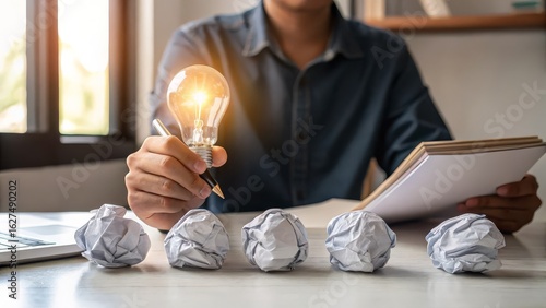 Creative Brainstorming and Idea Development with Light Bulb and Crumpled Papers