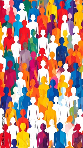 A dense crowd of colorful, stylized human figures